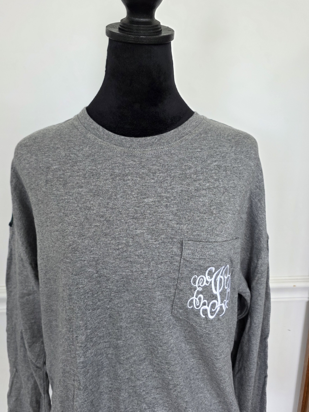 Women's Gray Long-Sleeve Pocket Sweatshirt with White Monogram
